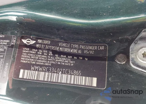 2002 Mini Cooper from USA, damaged, VIN WMWRC33402TC34865